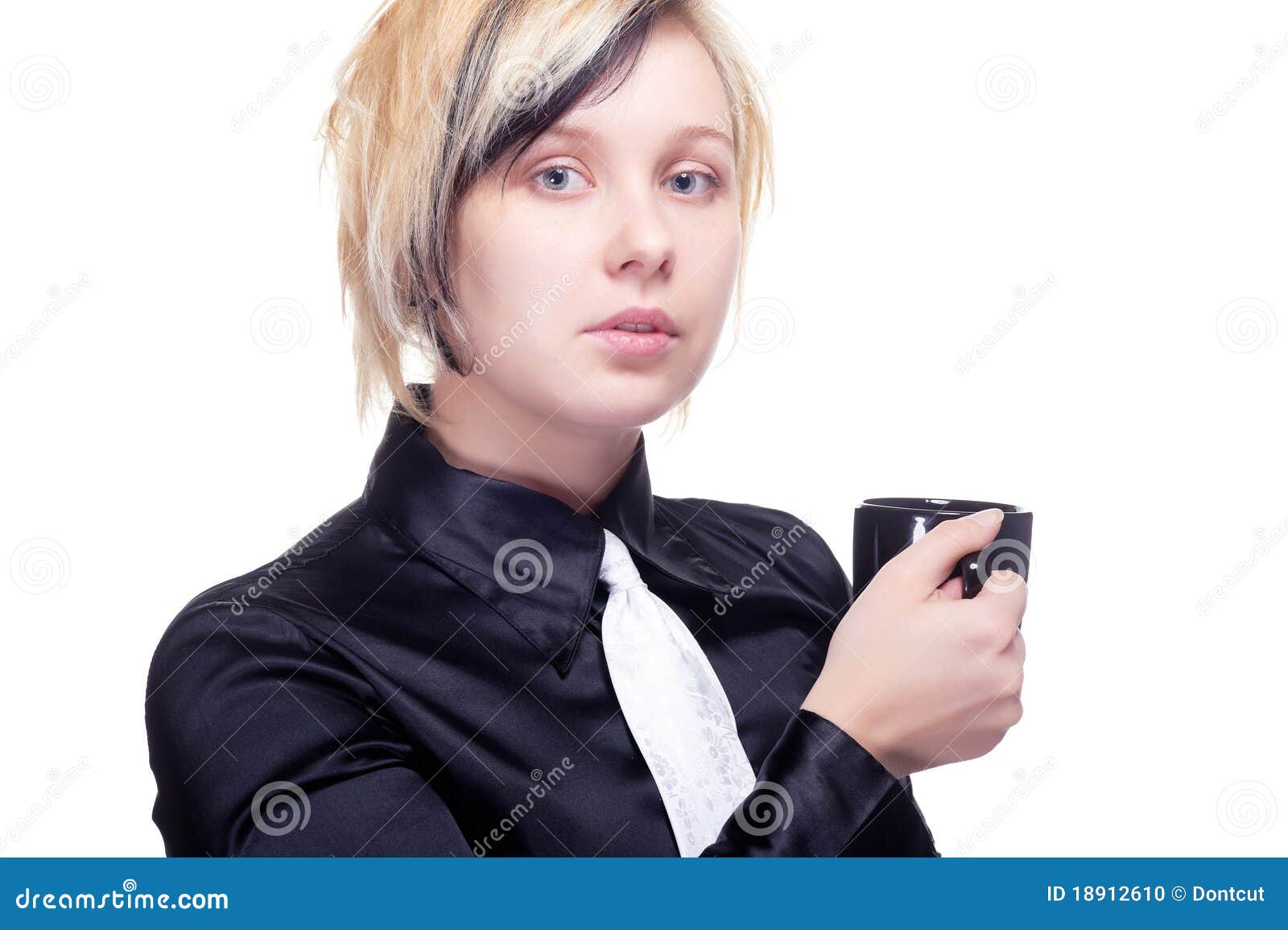 Young Woman with Cup of Hot Beverage Stock Photo - Image of shirt
