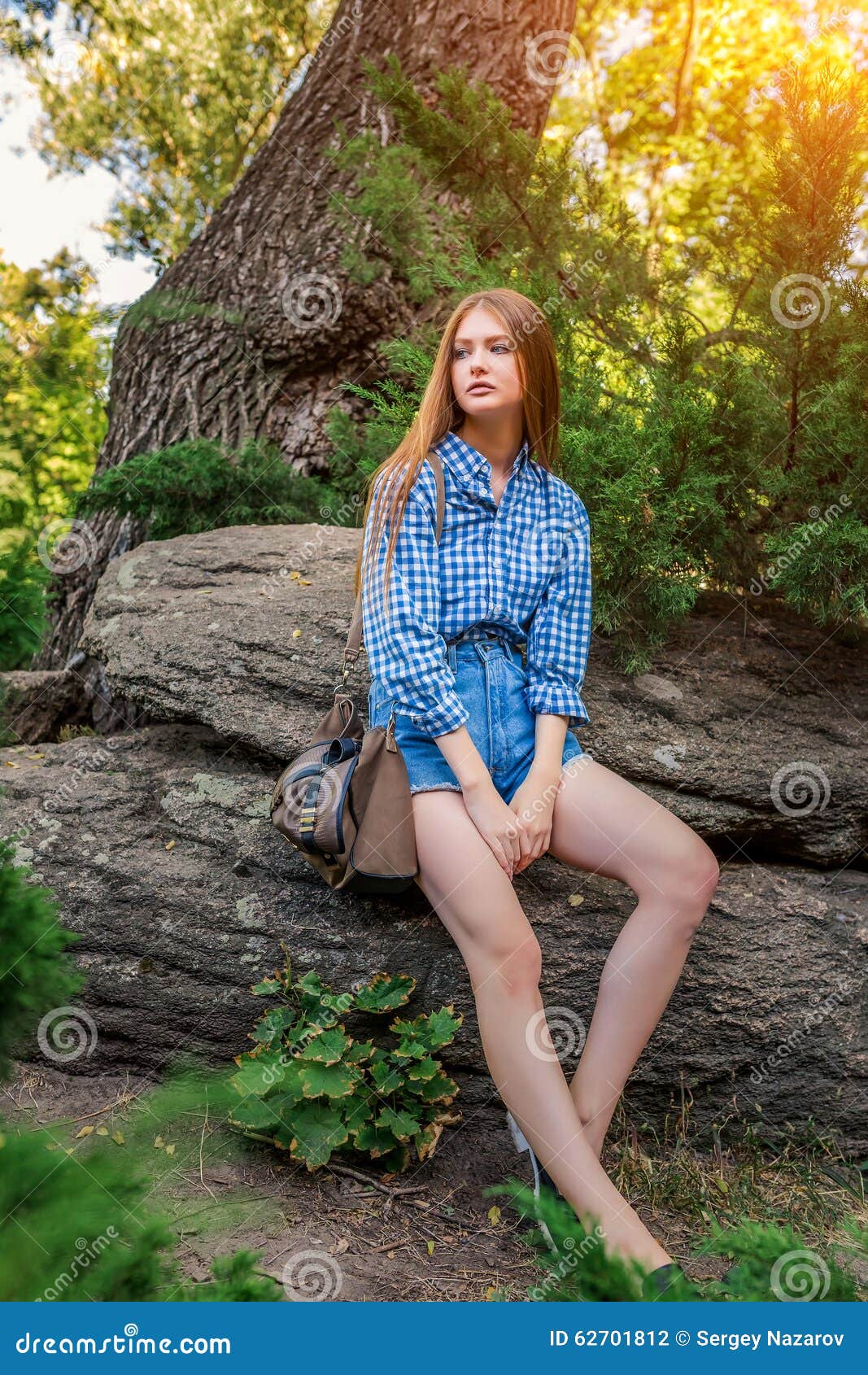 Young Woman Cute Brunette Girl Sitting on Stone, Sun Light Stock Photo ...