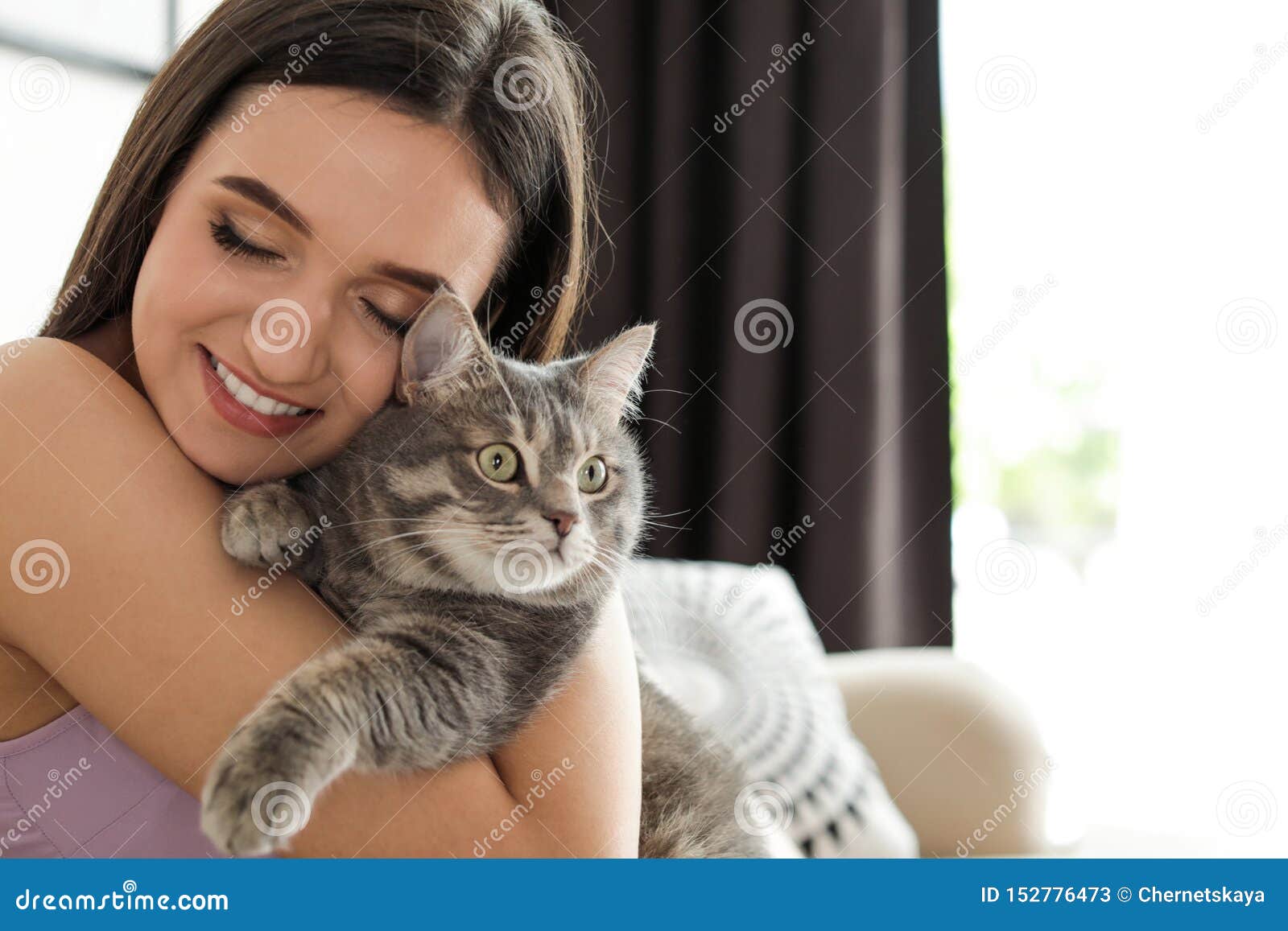 Young Woman with Cute Cat at Home. Pet and Owner Stock Image - Image of ...