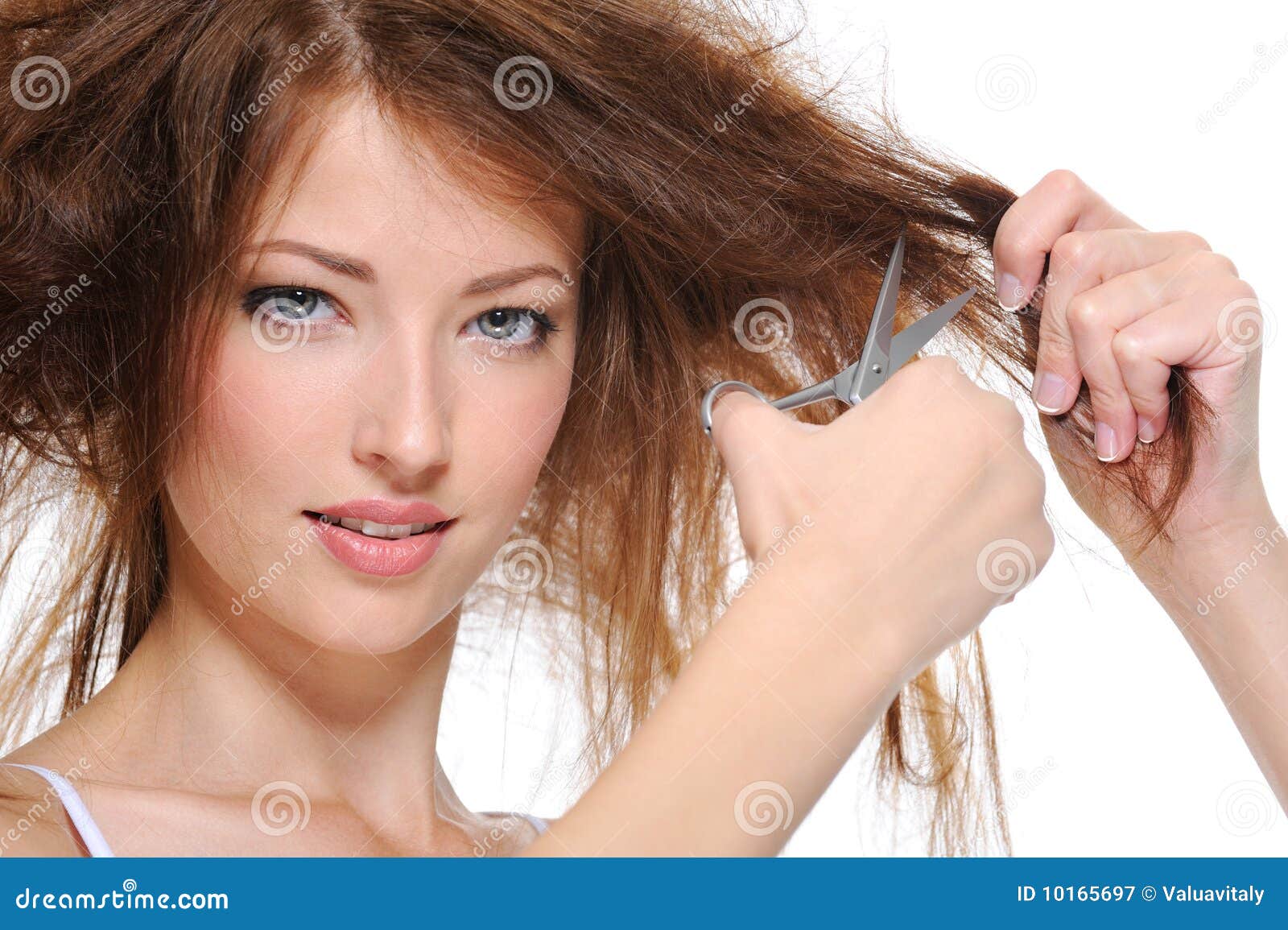 Young Woman Cutting Her Hair Stock Image Image of horizontal