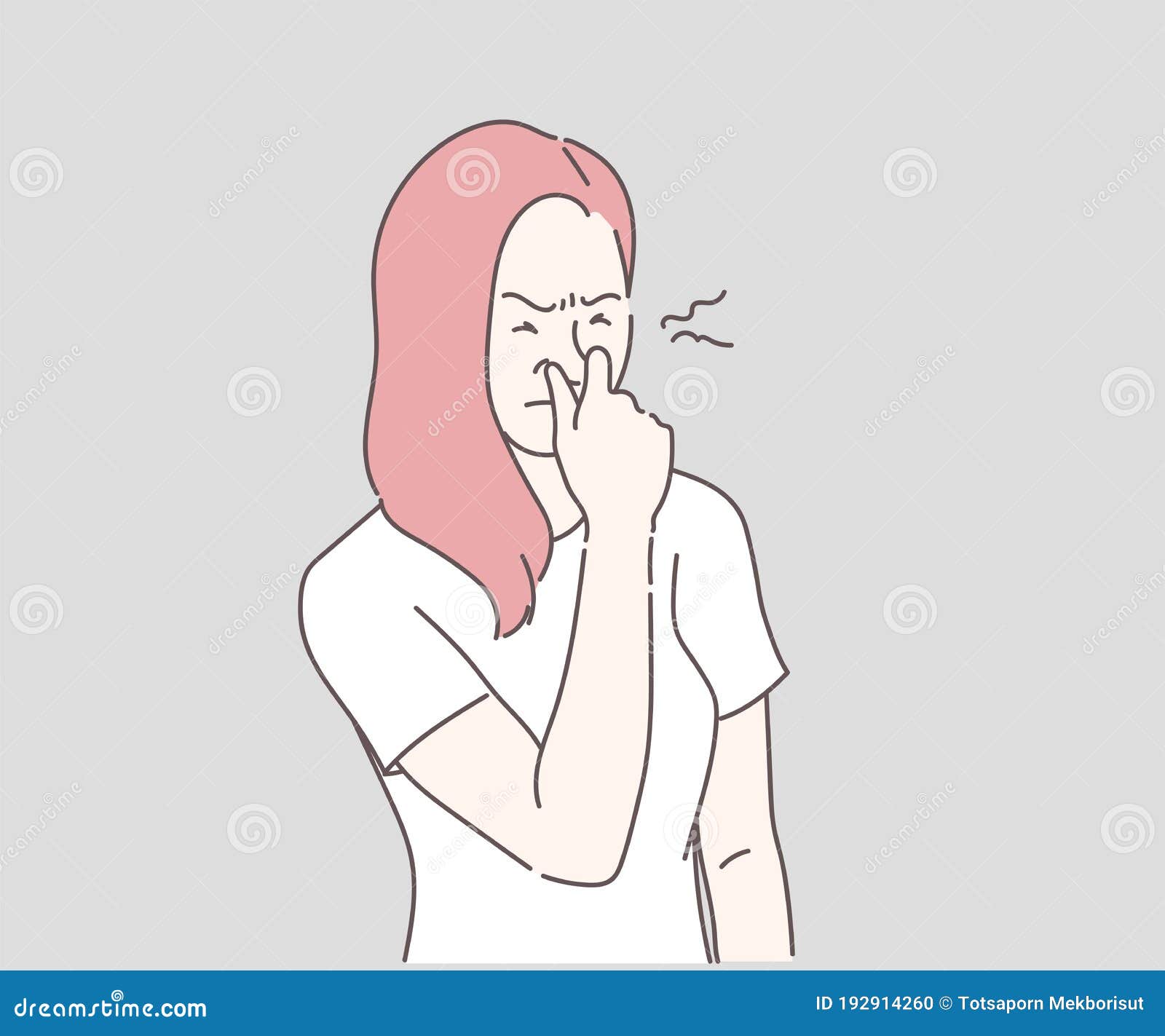 young woman with disgust on her face pinches nose, something stinks, very bad smell. hand drawn in thin line style