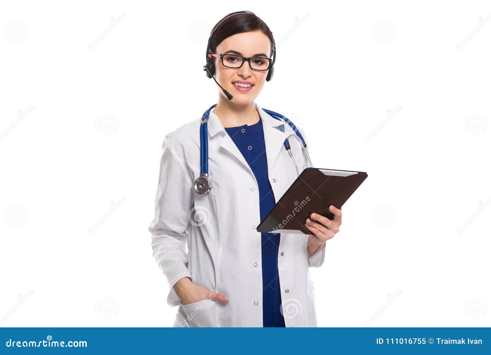 Young Woman Doctor with Stethoscope and Headphones Holding Tablet in Her  Hands in White Uniform on White Background Stock Image - Image of call,  appointment: 111016755