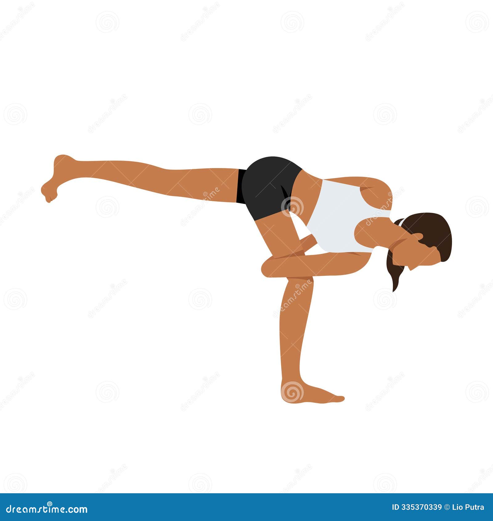young woman doing bound revolved half moon pose or addha parivritta ardha chandrasana