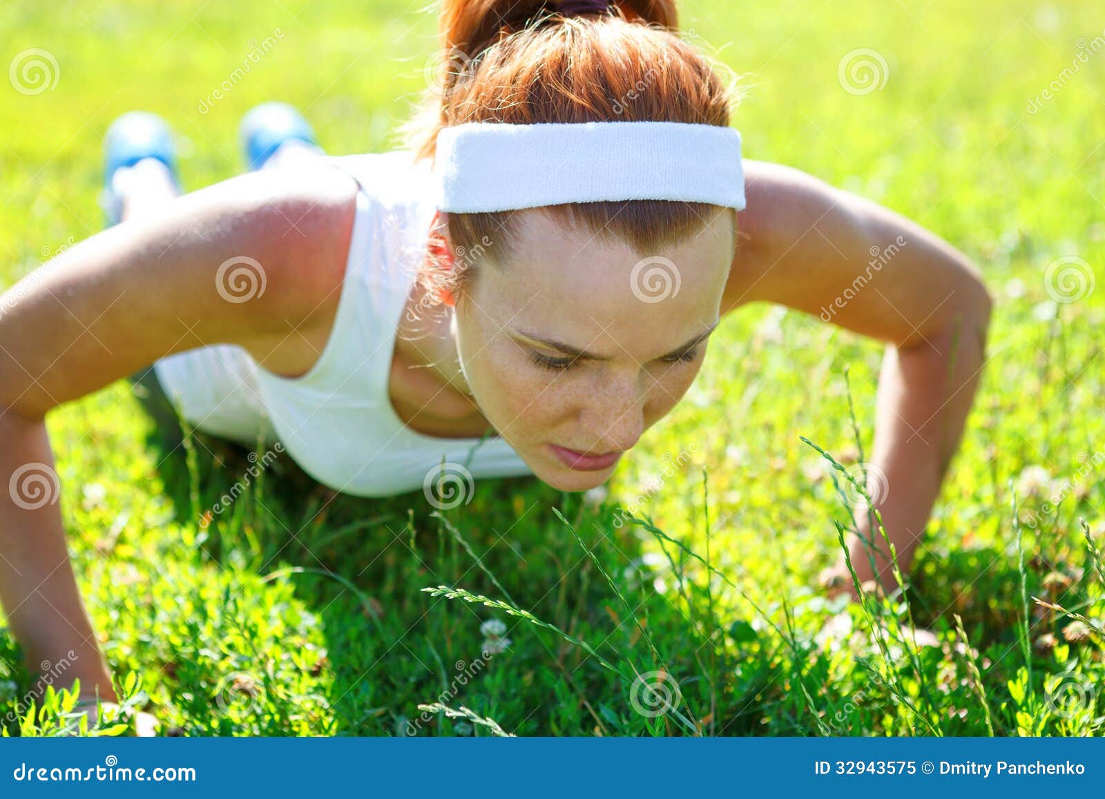 Young Woman Doing Push Ups on Green Stock Image Image of green, body 32943575