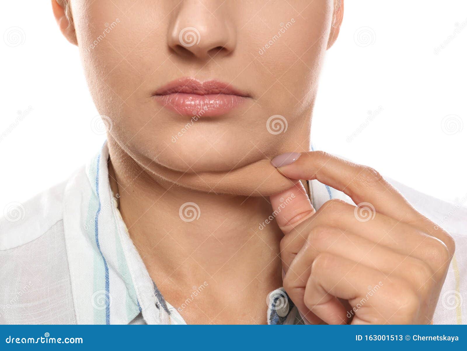 young woman with double chin on white background