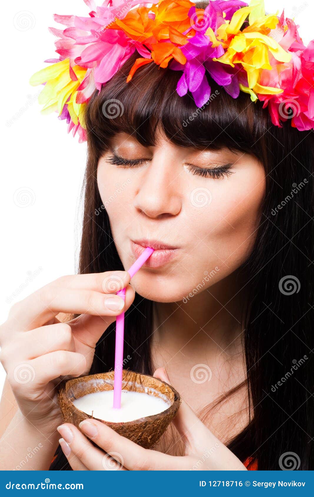 Young Woman Drink Coconut Milk from Shell Stock Photo Image of