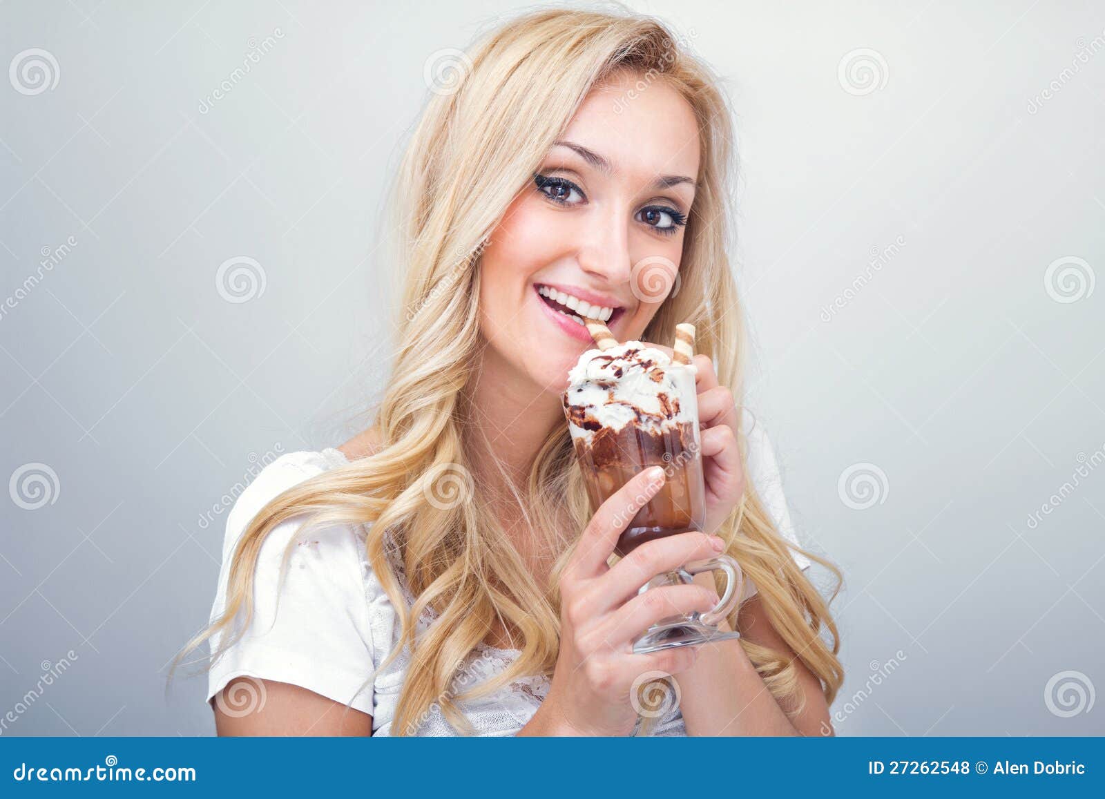 Young Woman Drinking Ice Coffee Stock Photo Image of happy, desert