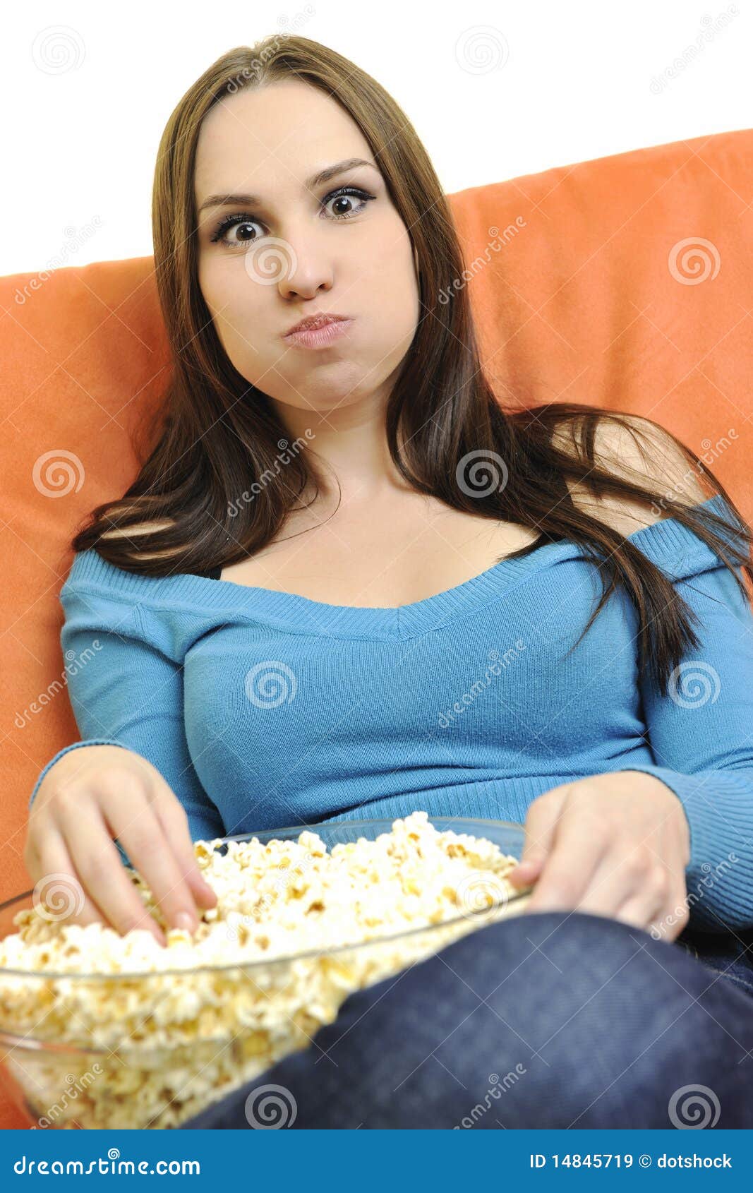 Young Woman Eat Popcorn on Orange Sofa Stock Image Image of rent
