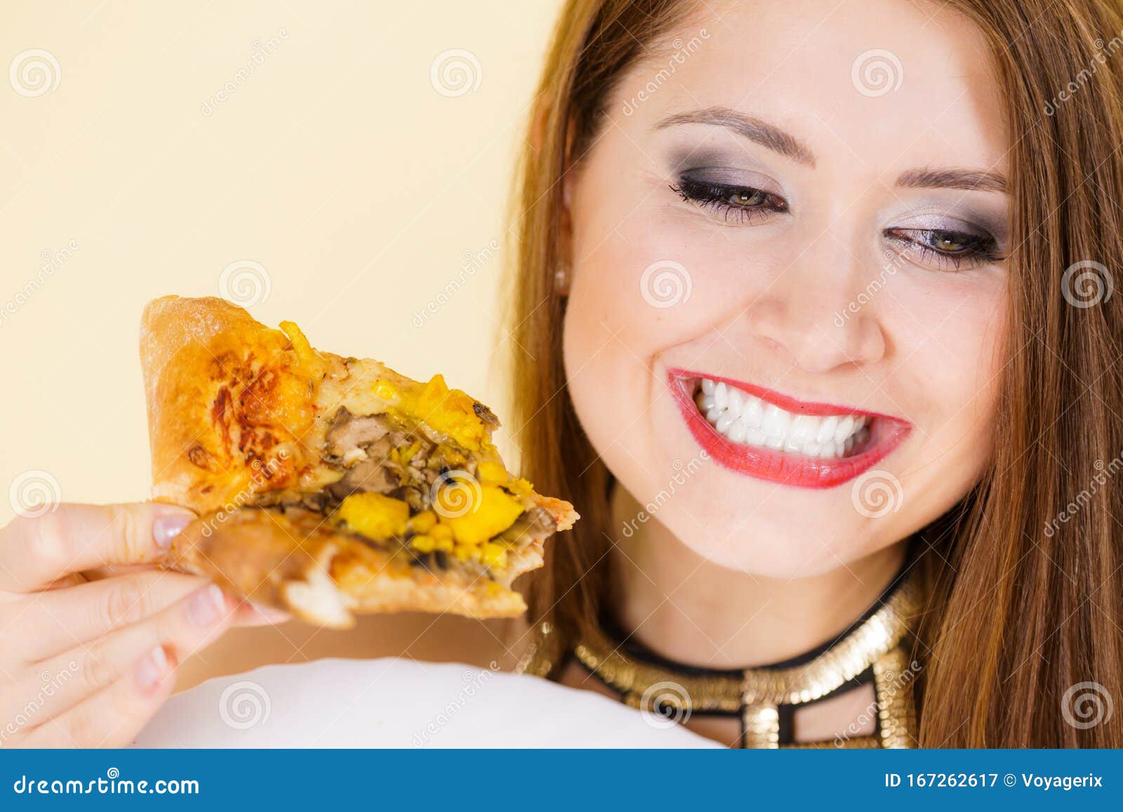 Woman Eating Hot Pizza Slice Stock Image Image Of Adult Bit