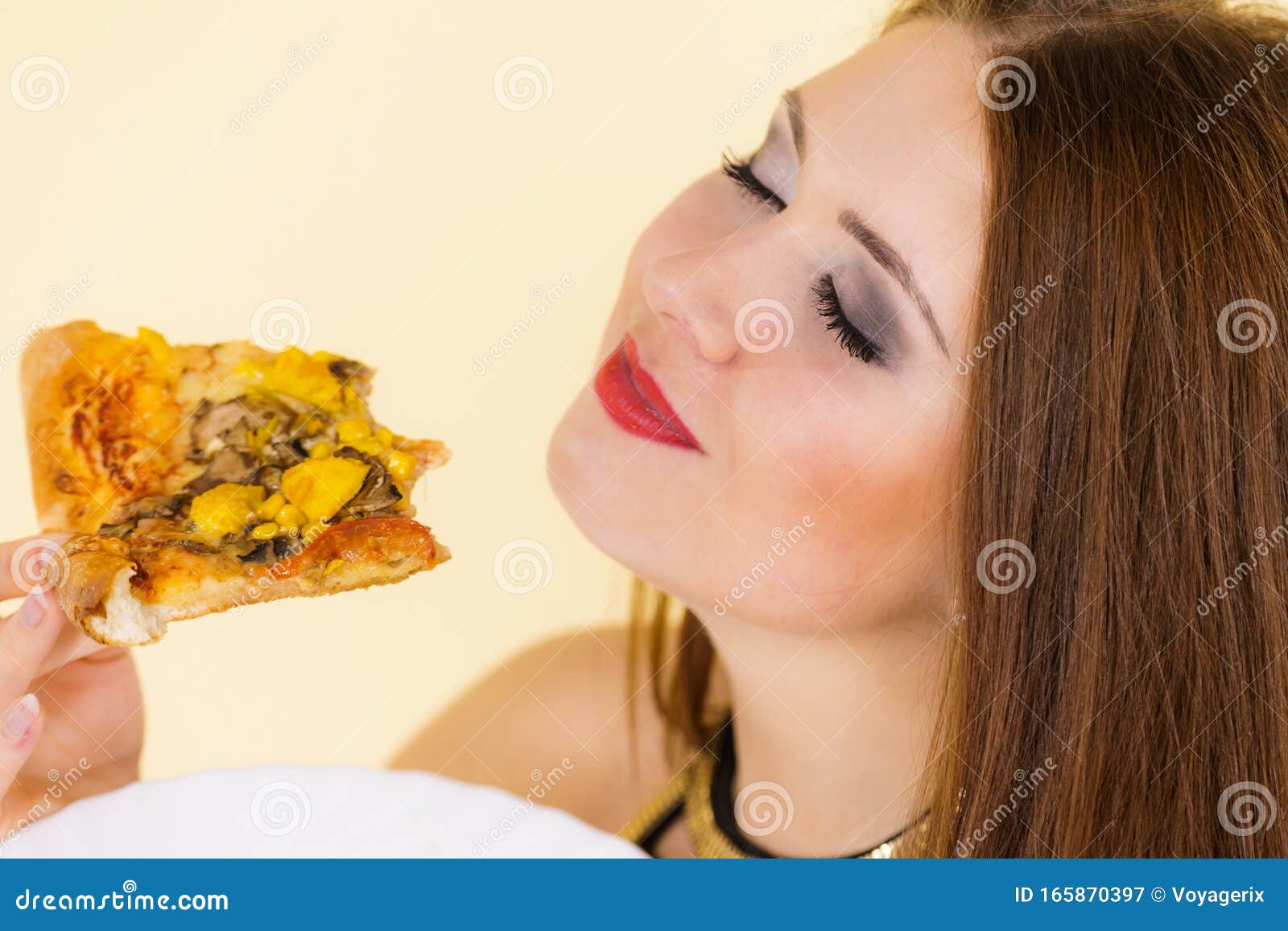 Woman Eating Hot Pizza Slice Stock Image Image Of Meal Unhealthy