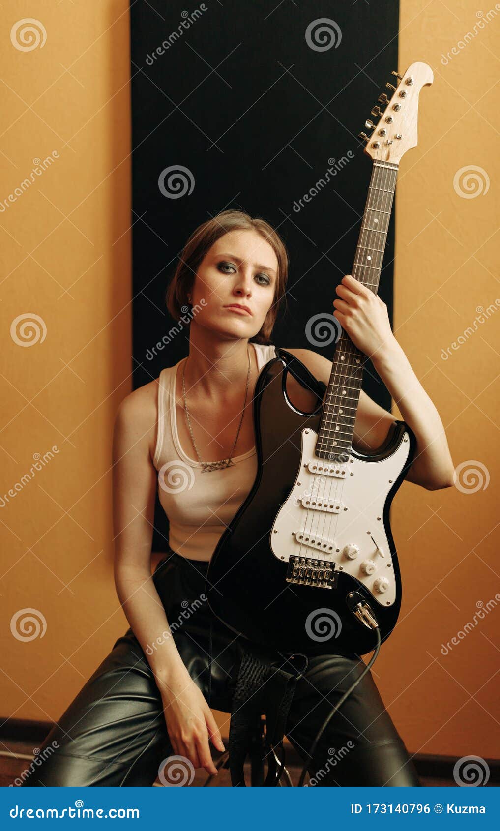 Young Woman with Electric Guitar Stock Photo Image of female, black