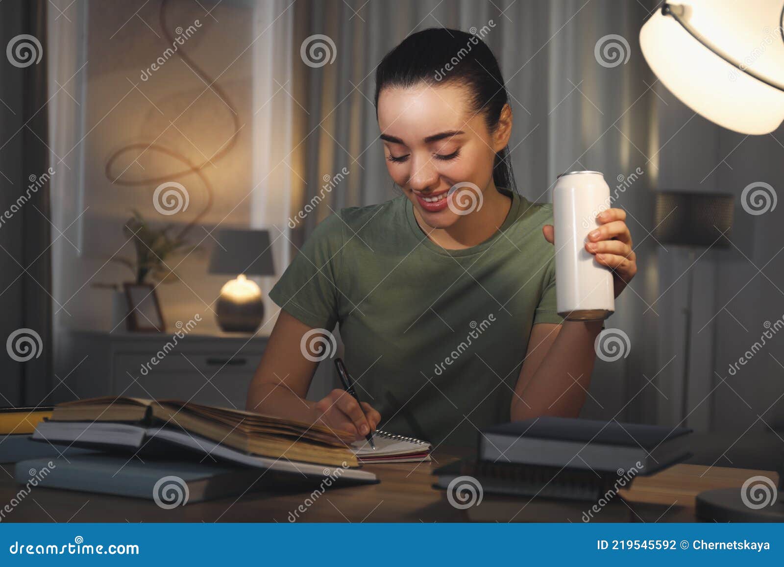 Young Woman with Energy Drink Studying at Home Stock Photo Image of carbonated, caucasian