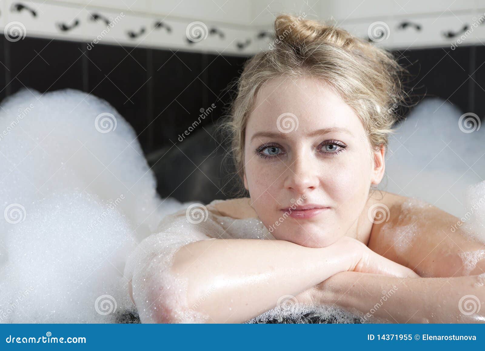 Young Woman Enjoys The Bath Foam In The Bathtub Stock Image Image Of