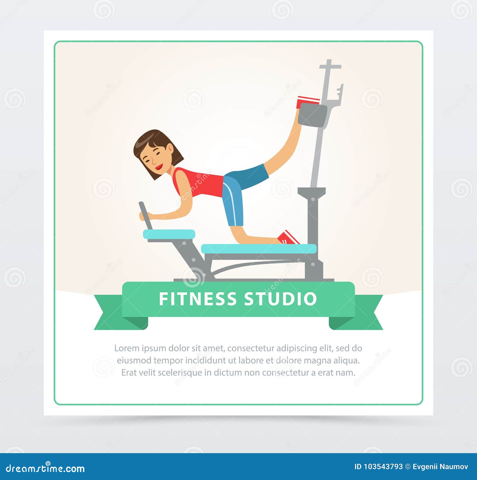 young woman exercising on trainer gym machine, fitness studio banner flat   for website or mobile app