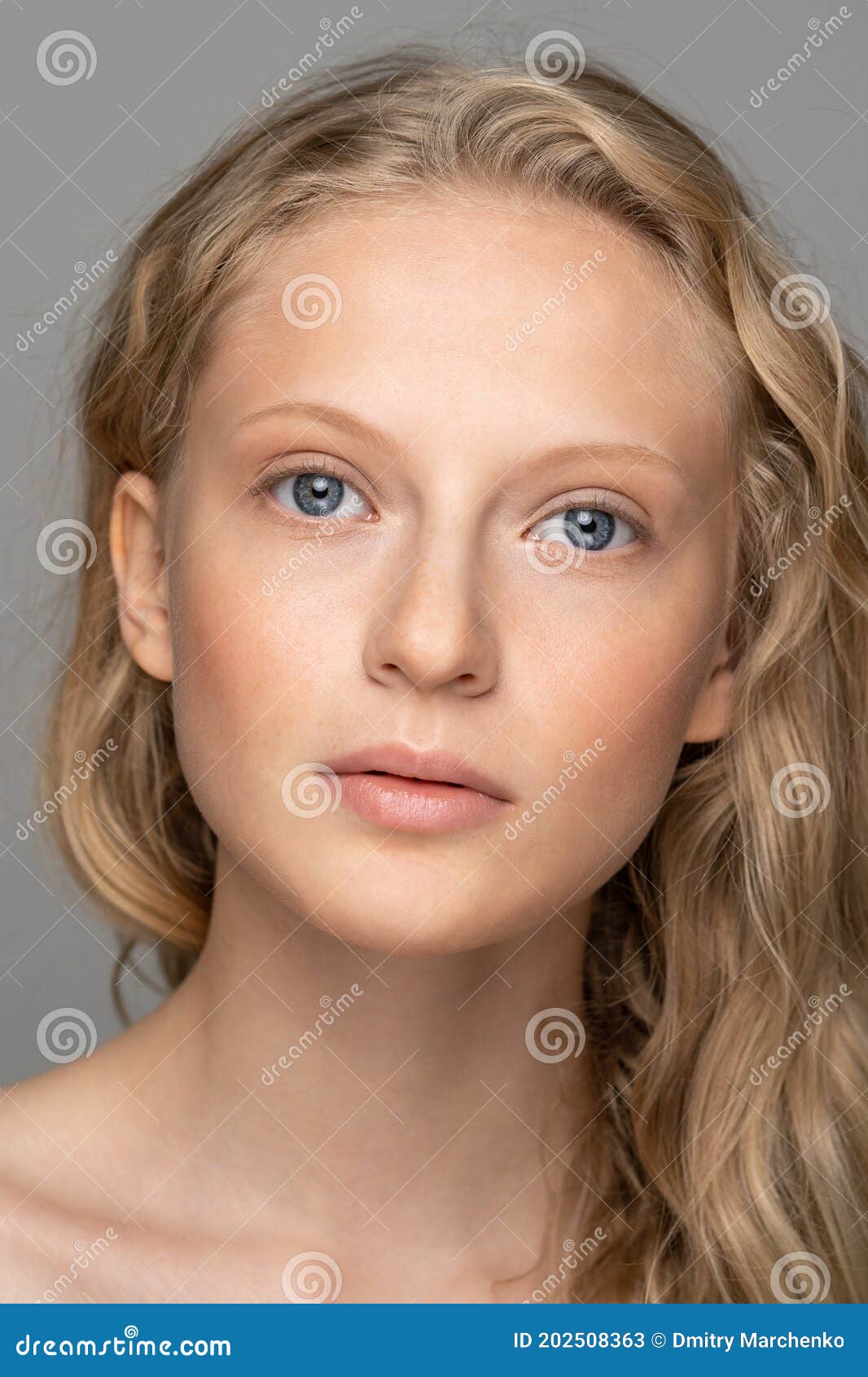 Young Woman Face with Blue Eyes, Curly Natural Blonde Hair and Eyebrows ...