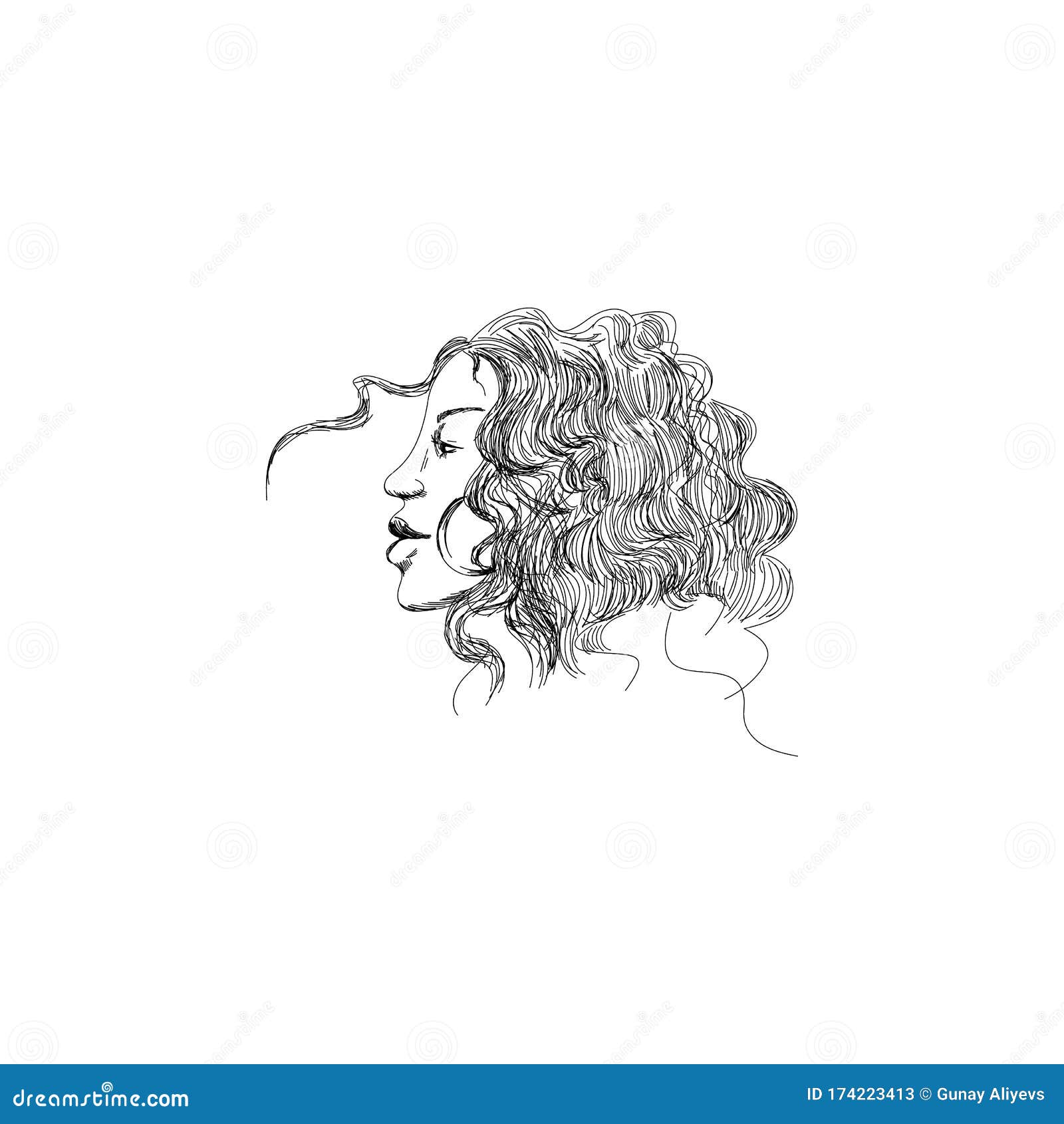 Young Woman Face Side Curly Hair Hand Drawing. Vector Black and White  Graphic Stock Illustration - Illustration of side, mouth: 174223413
