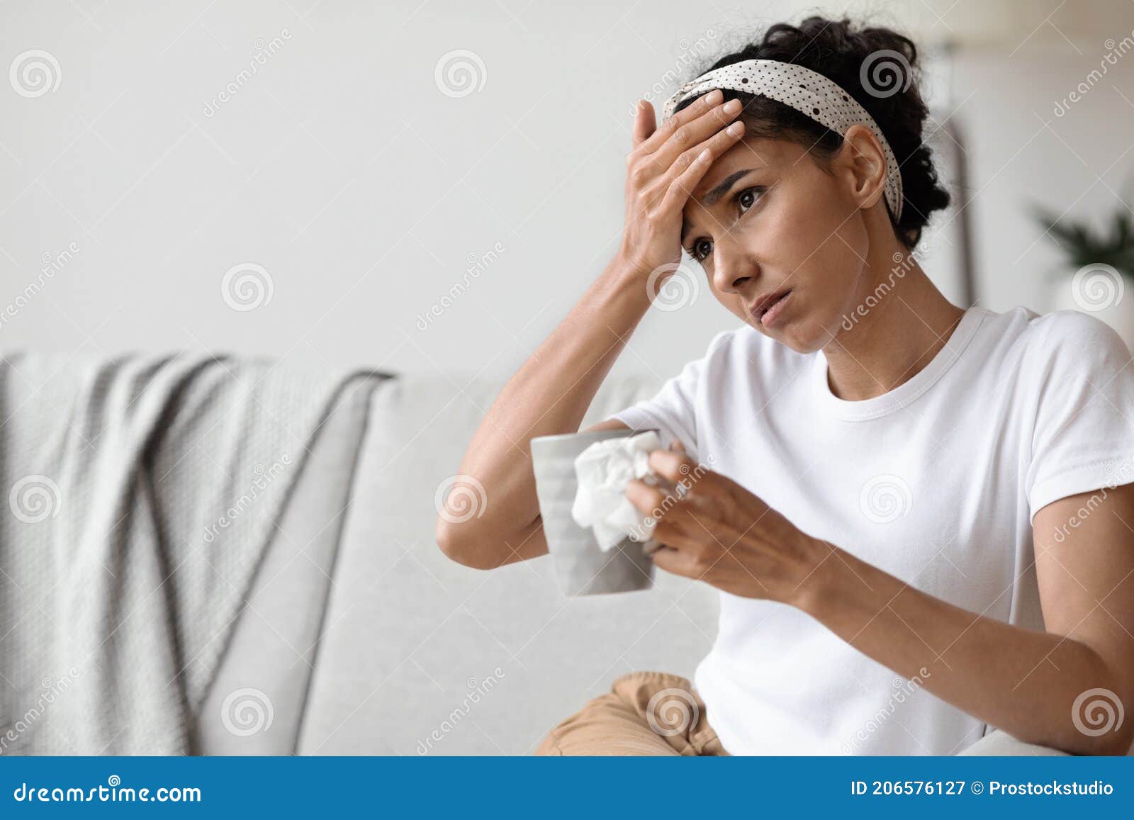 Young Woman Feeling Sick, Touching Her Forehead Stock Image ...