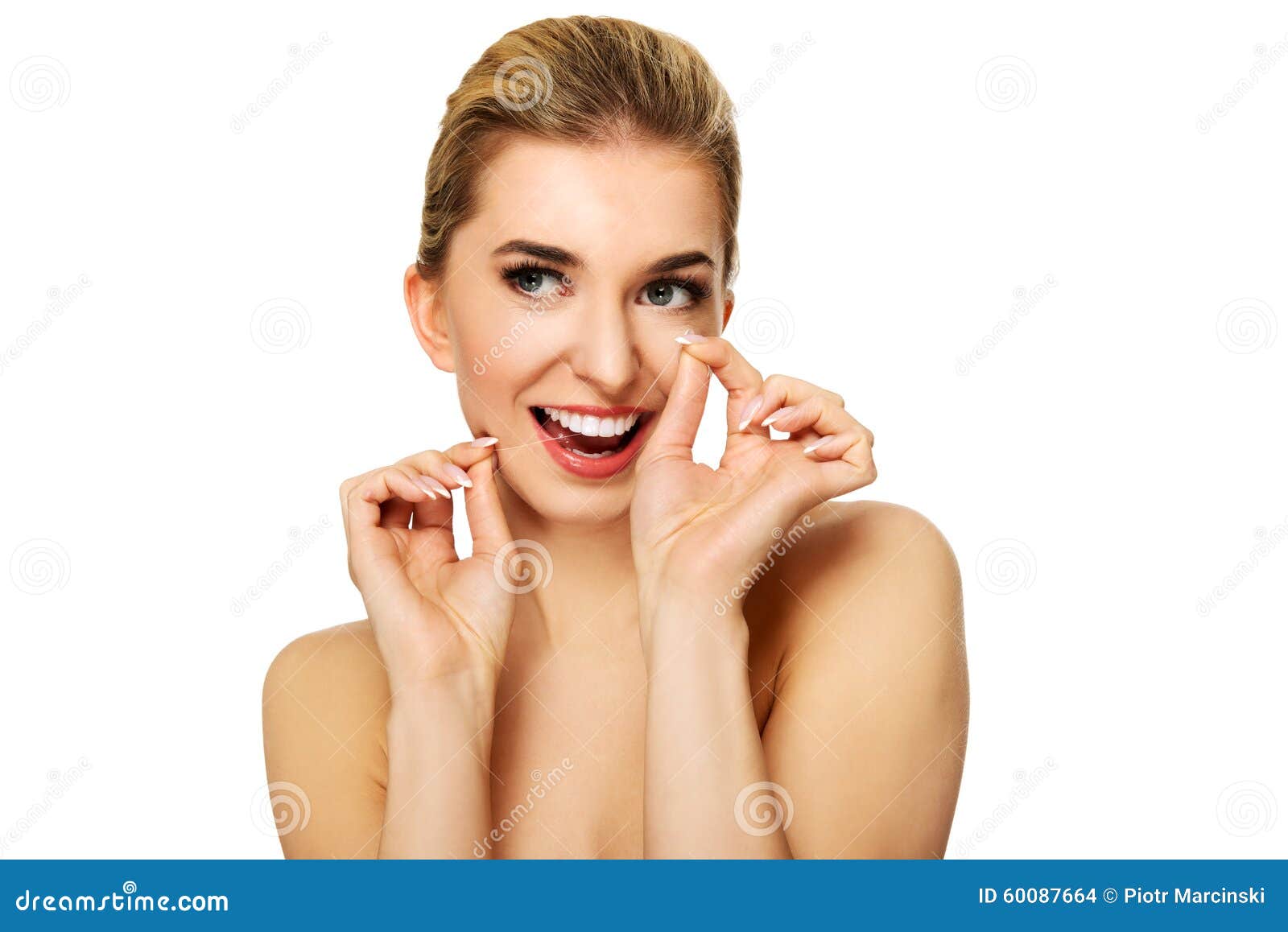 Young Woman Flossing Teeth. Stock Photo Image of healthy, dental
