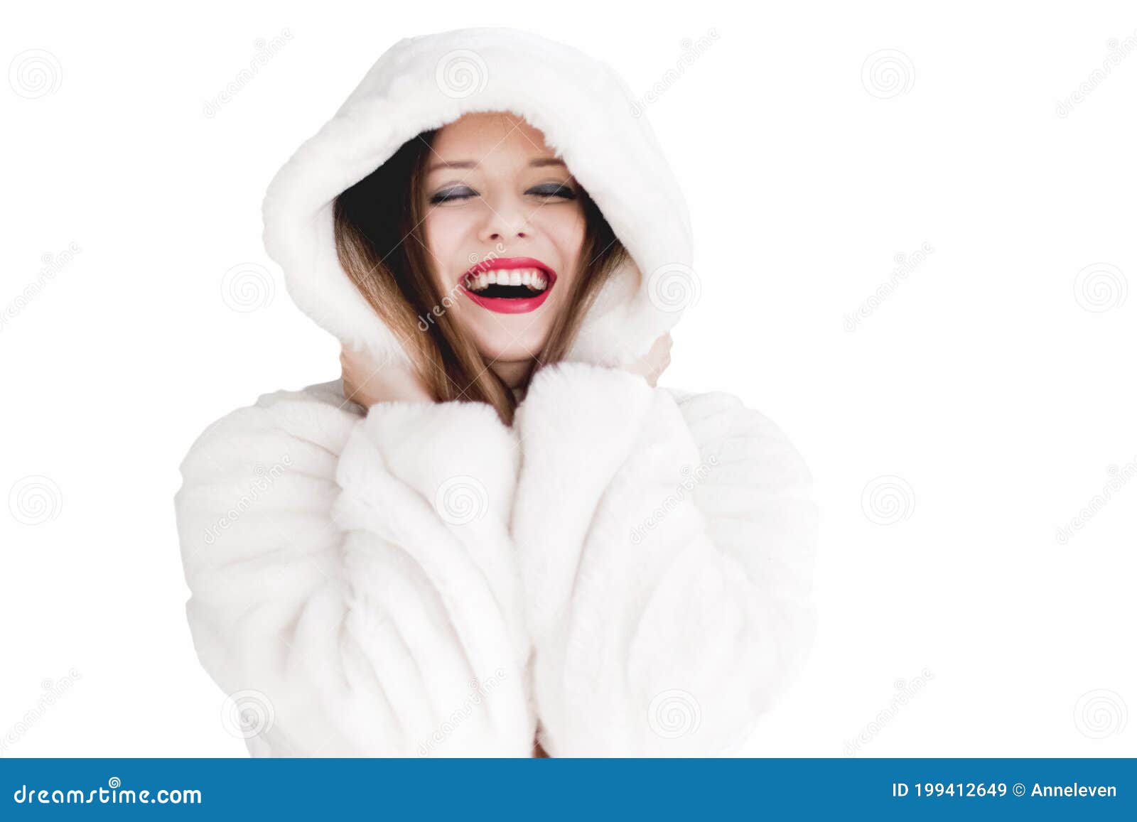 Young Woman in Fluffy Fur Coat with Hood Wrap, Warm Winter Clothing for ...