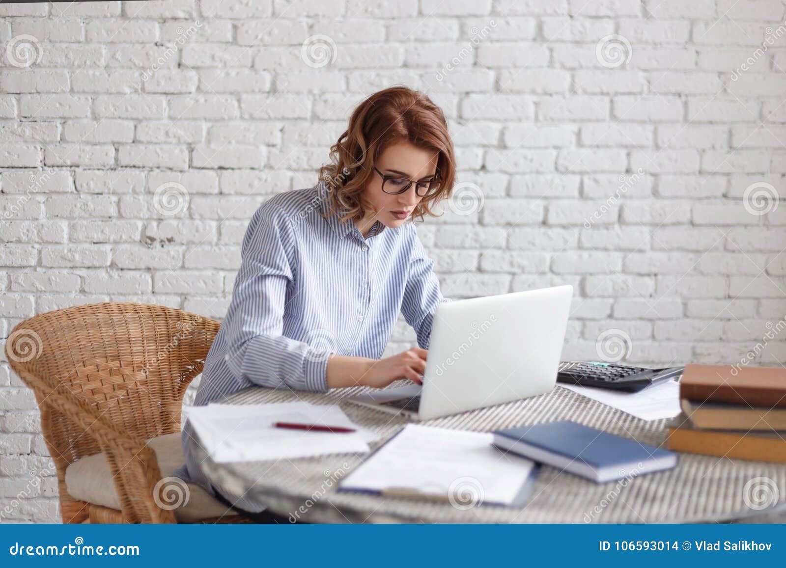 Young Woman Freelancer Works at the Computer. Stock Photo - Image of ...