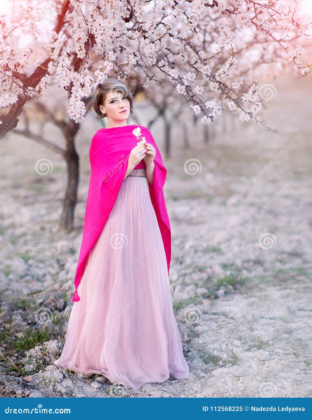 Young Woman in the Gardens of Blossoming Almonds in a Beautiful Long ...