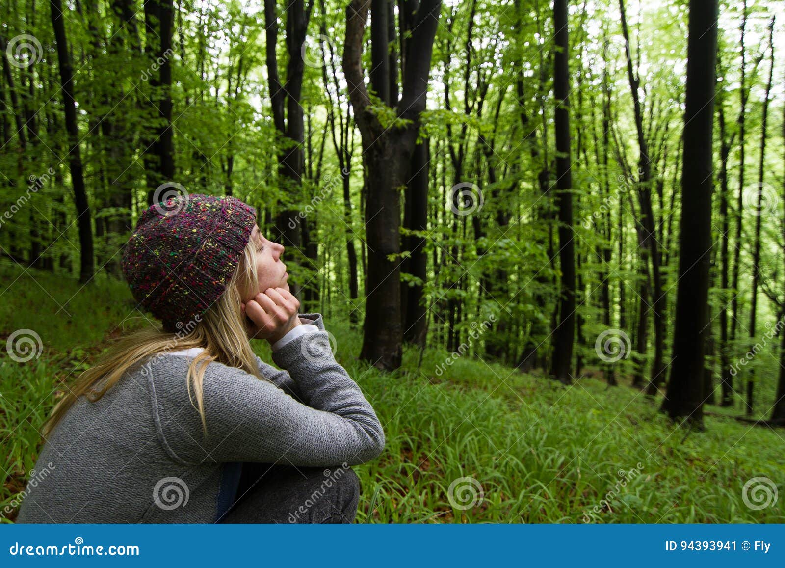 Young Woman in the Green Woods Meditating Stock Image - Image of ...