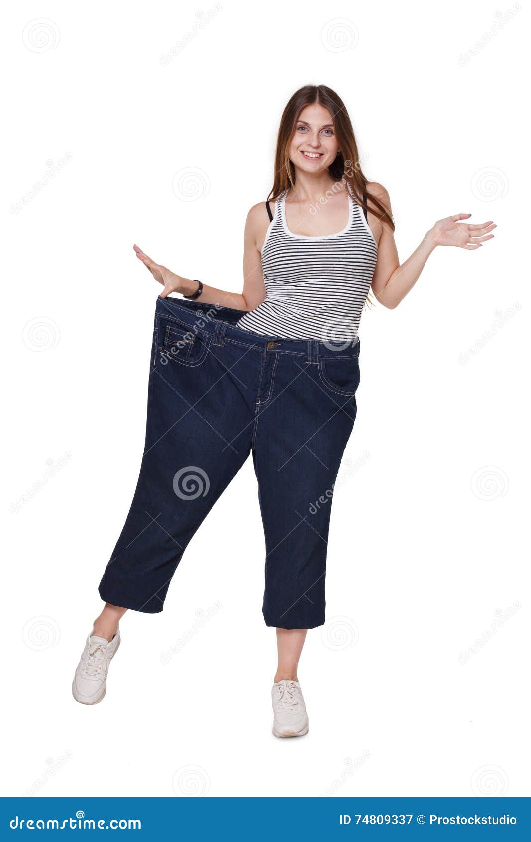 Young Woman Happy of Weight Loss Diet Results, Isolated Stock Image ...