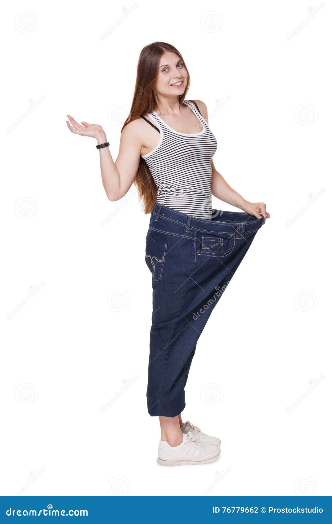 Young Woman Happy of Weight Loss Diet Results, Isolated Stock Photo ...