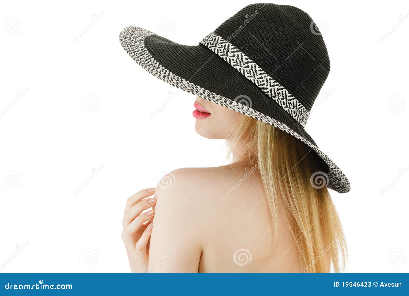 Young woman in hat. Young woman with blond long hair in hat isolated over white background