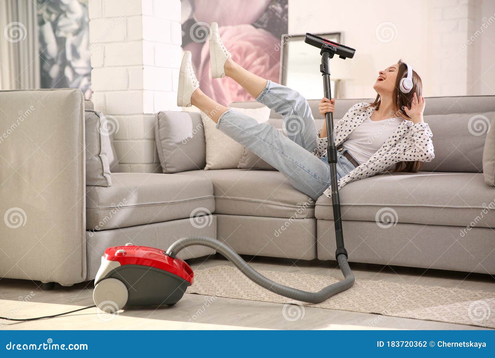 Young Woman Having Fun while Vacuuming Stock Photo Image of dirt