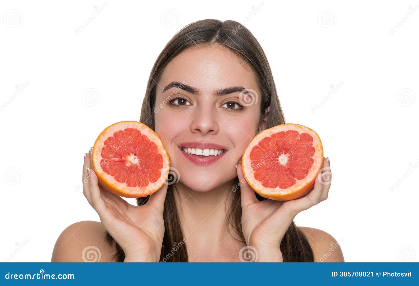 Young Woman with Healthy Grapefruit. Benefits of Vitamin C. Woman Fill
