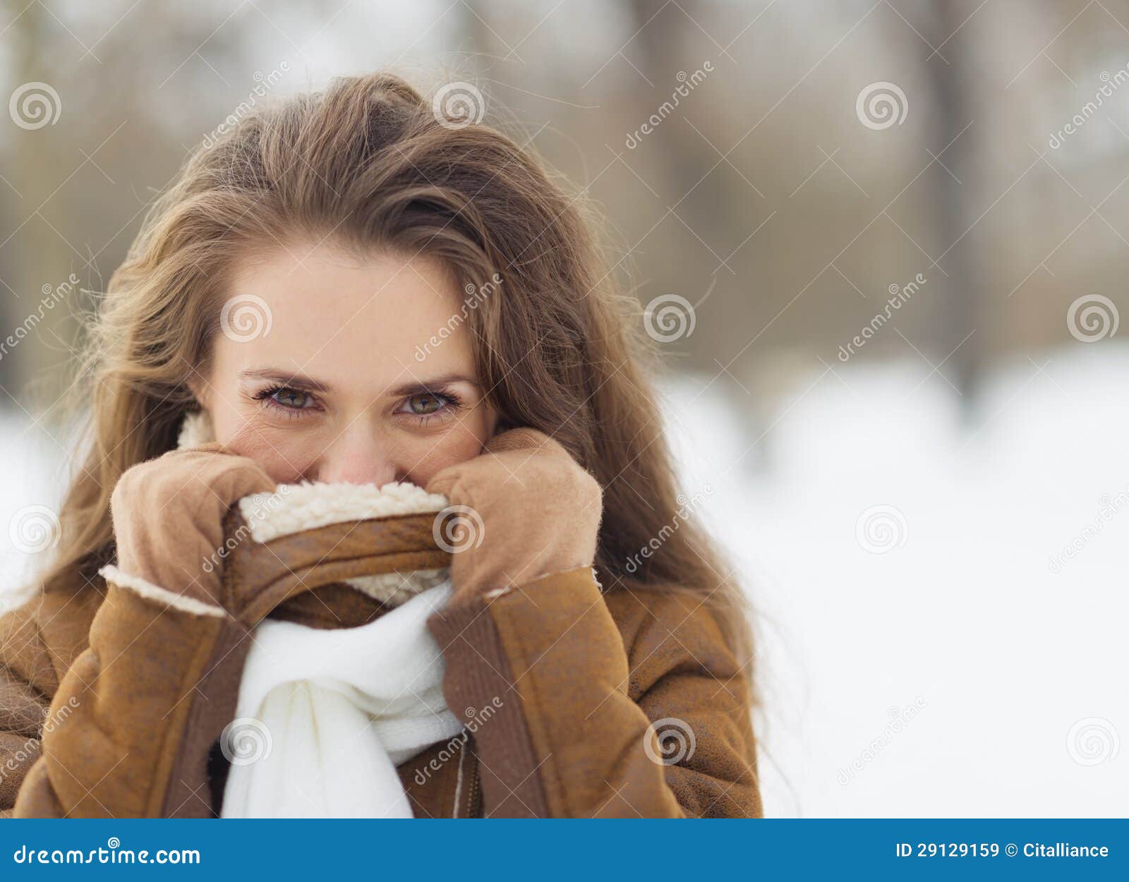 Young Woman Hiding in Winter Jacket Outdoors Stock Image Image of
