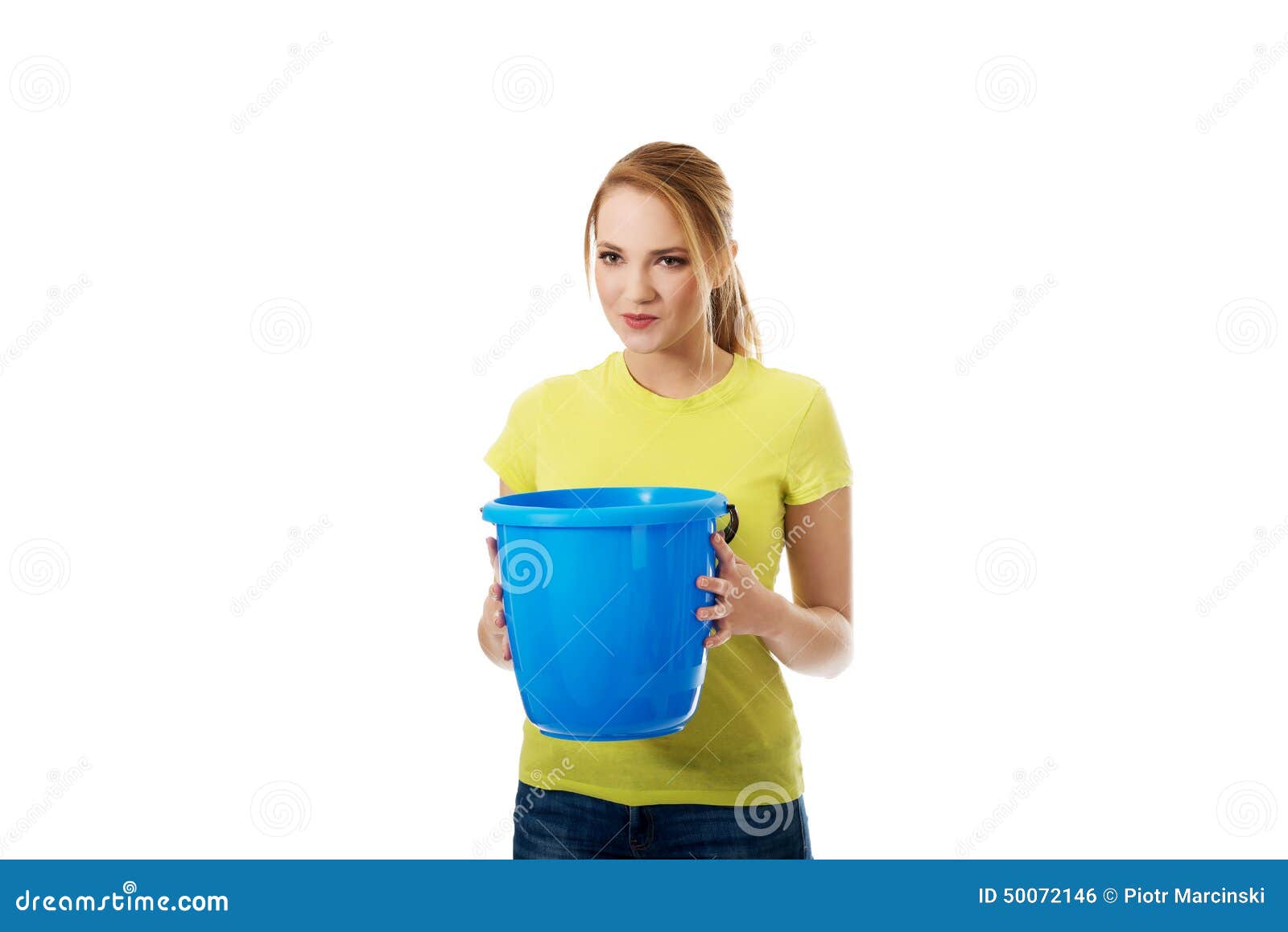 Young Woman Holding Blue Bucket. Stock Photo Image of pollution