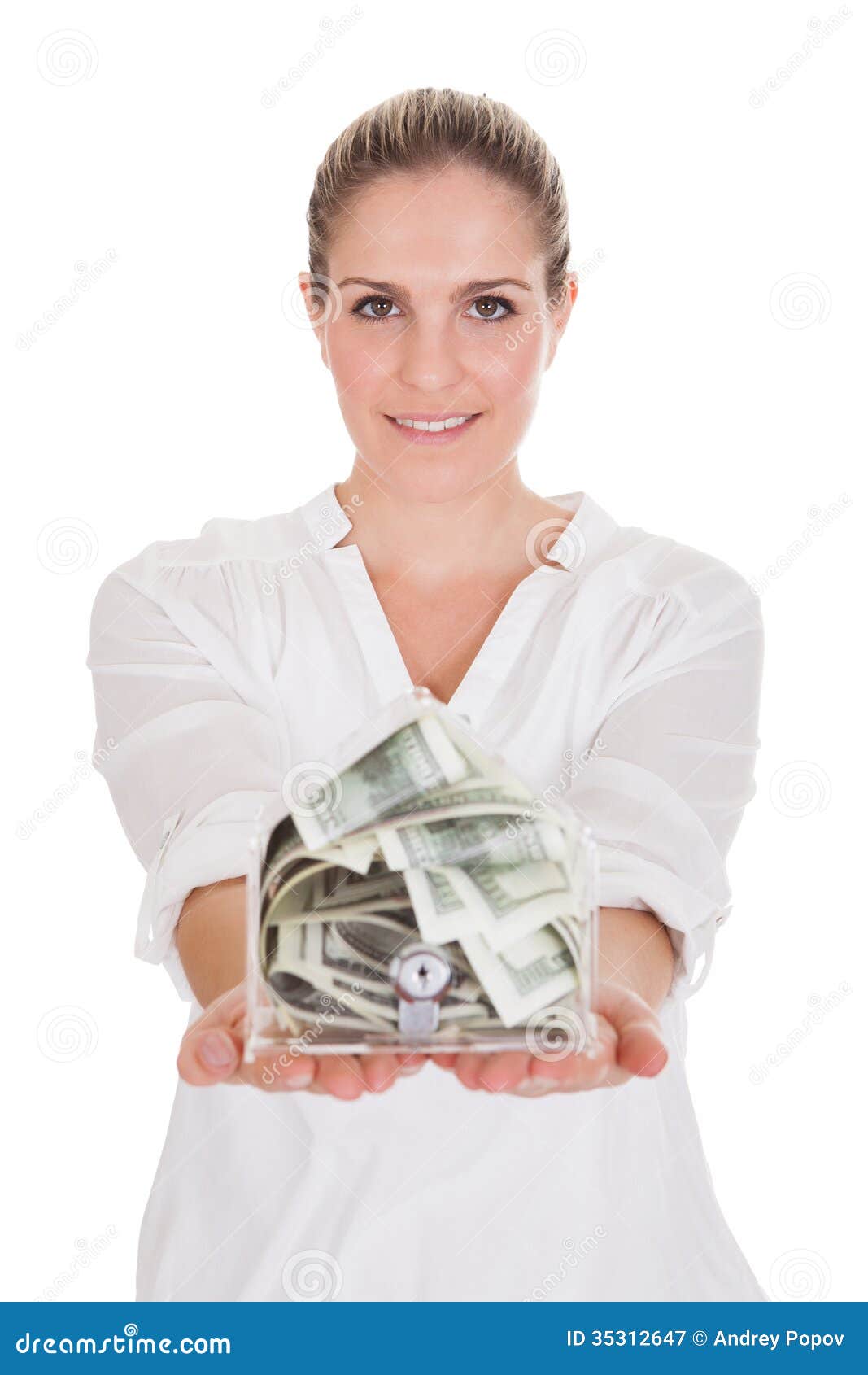 Young Woman Holding a Box of Currency Stock Image Image of human