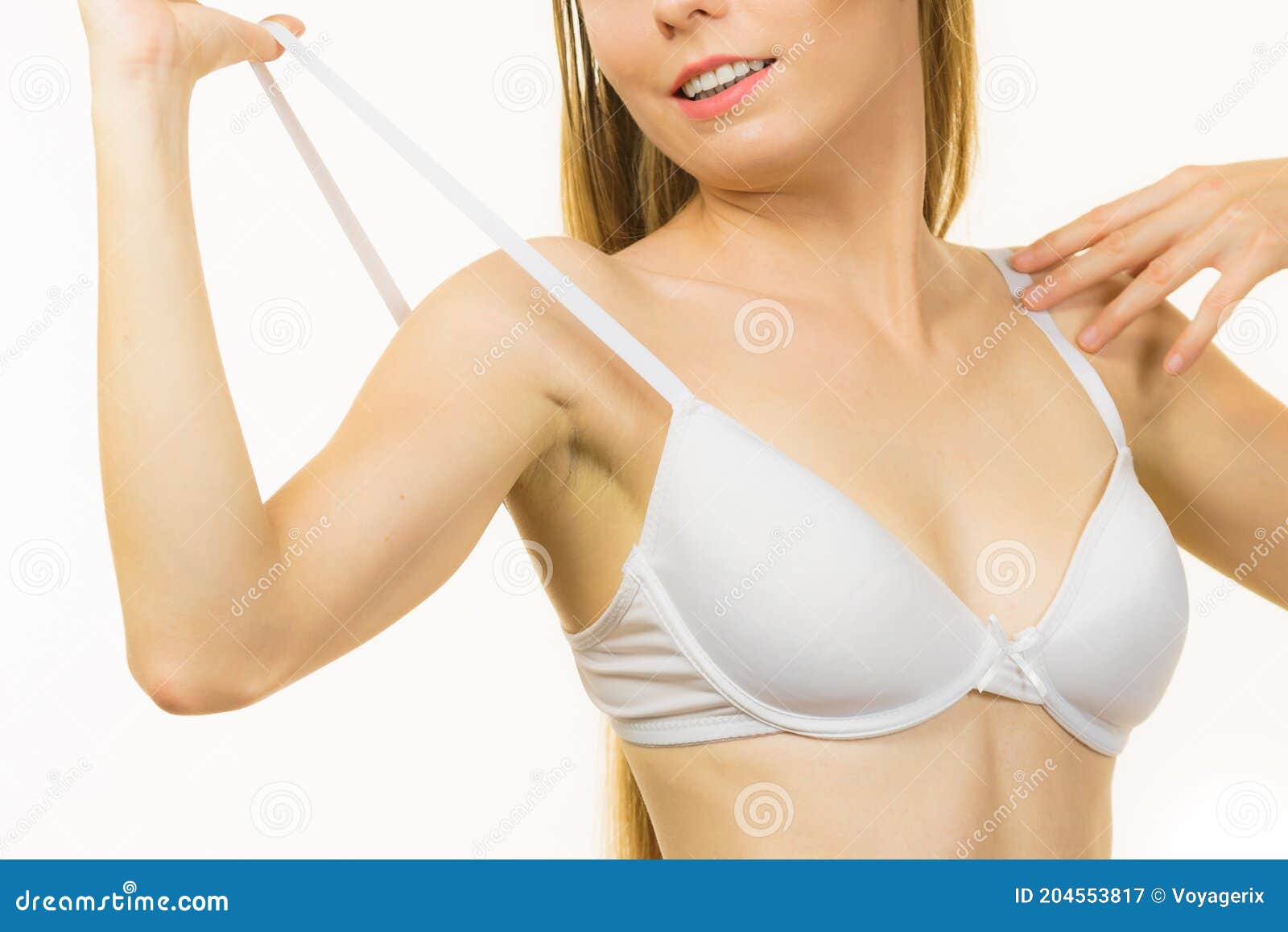 Young Woman Holding Bra Strap Stock Image - Image of lingerie