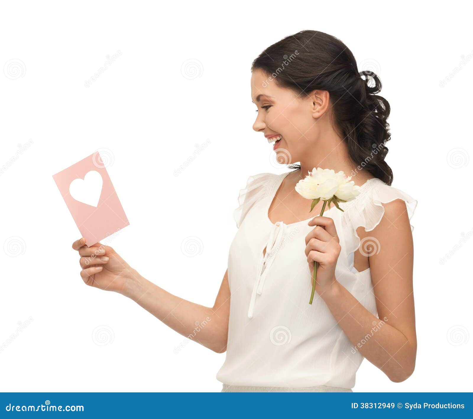Young Woman Holding Flower and Postcard Stock Image Image of