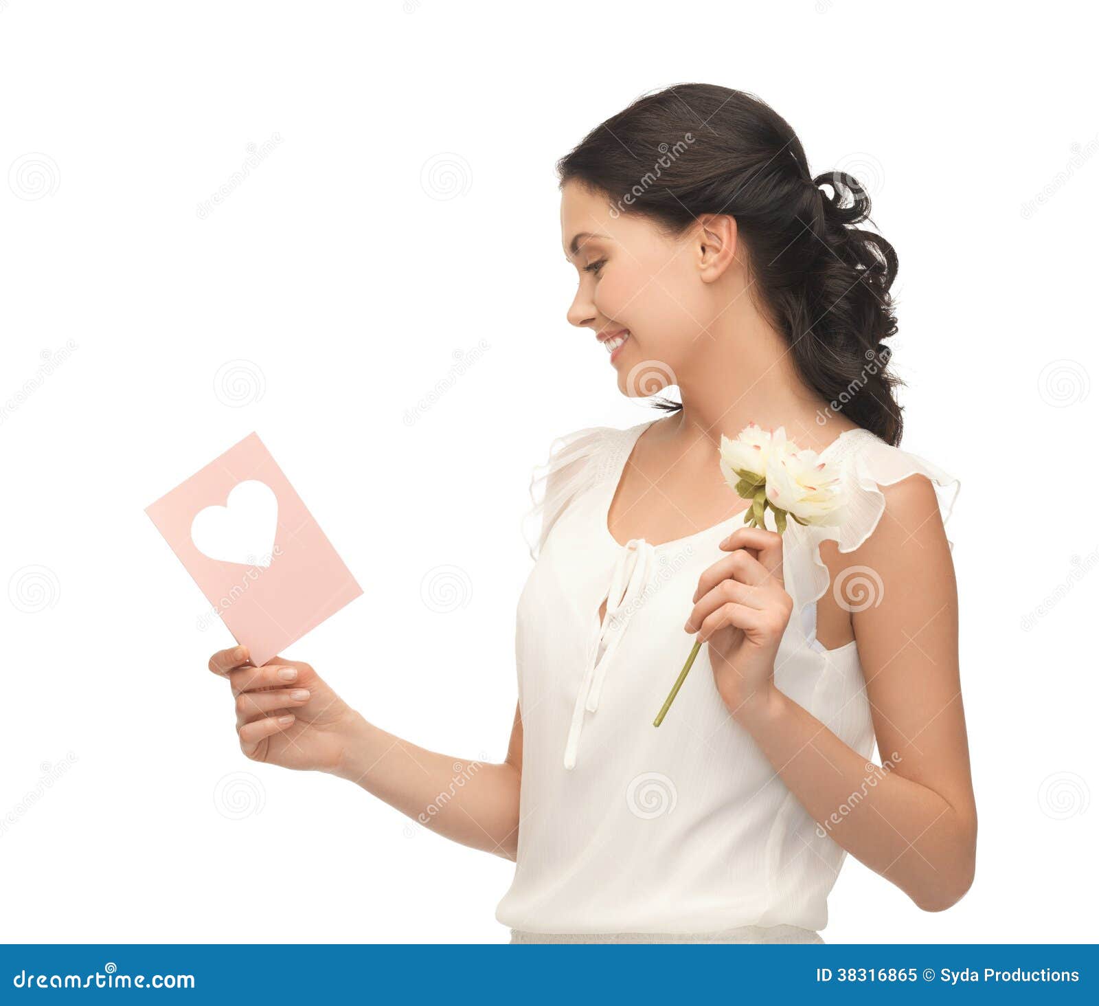 Young Woman Holding Flower and Postcard Stock Image Image of