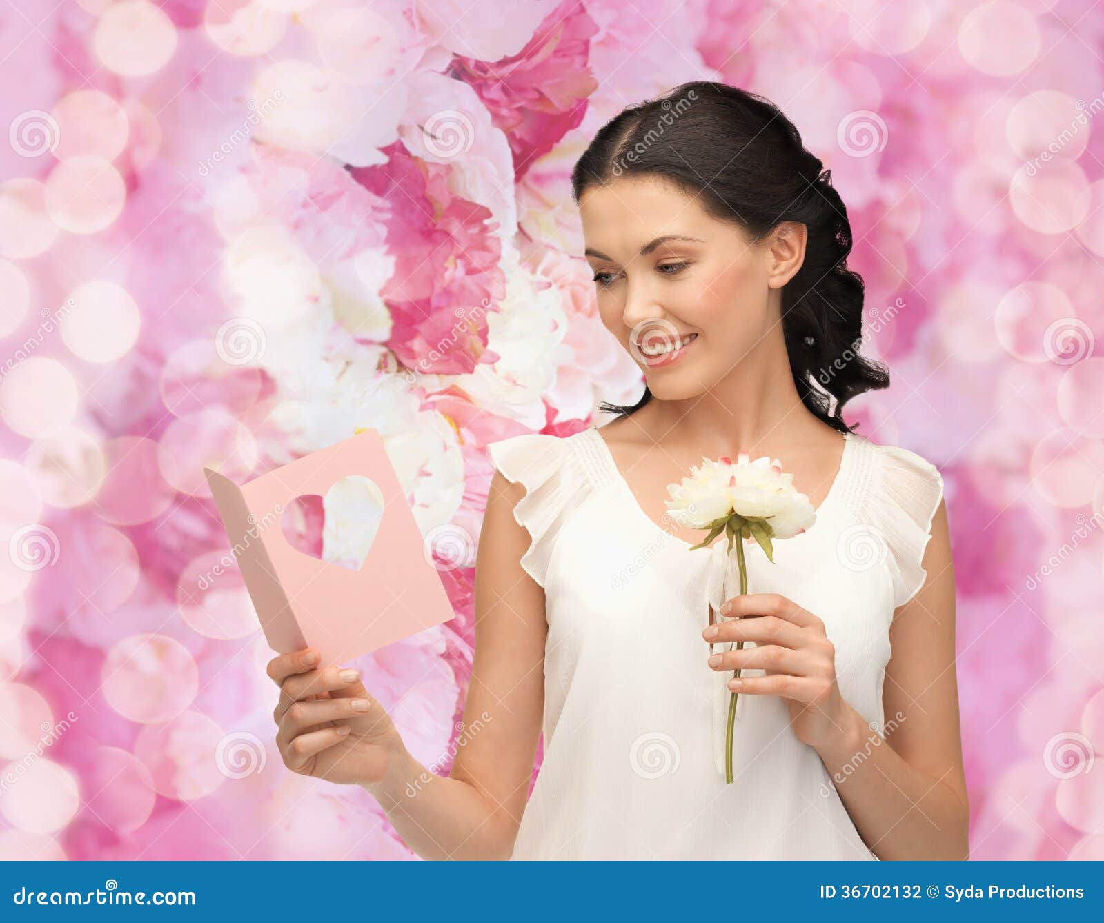 Young Woman Holding Flower and Postcard Stock Photo - Image of happy ...