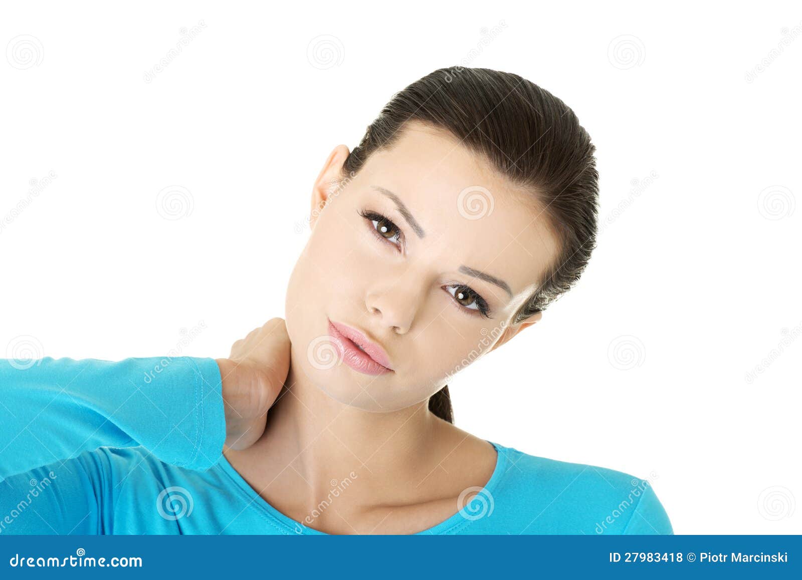 Young Woman Holding Hand on Her Neck. Stock Photo Image of health