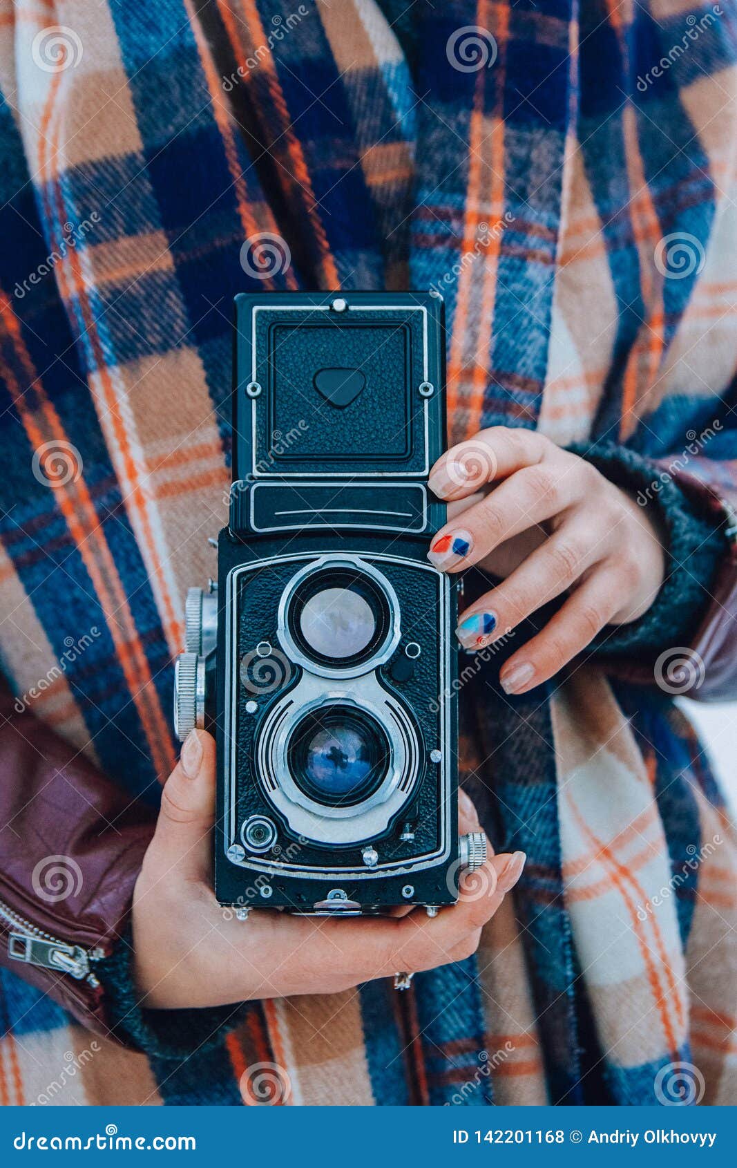 Young Woman Holding In Hands Old Vintage Camera Girl Photographer