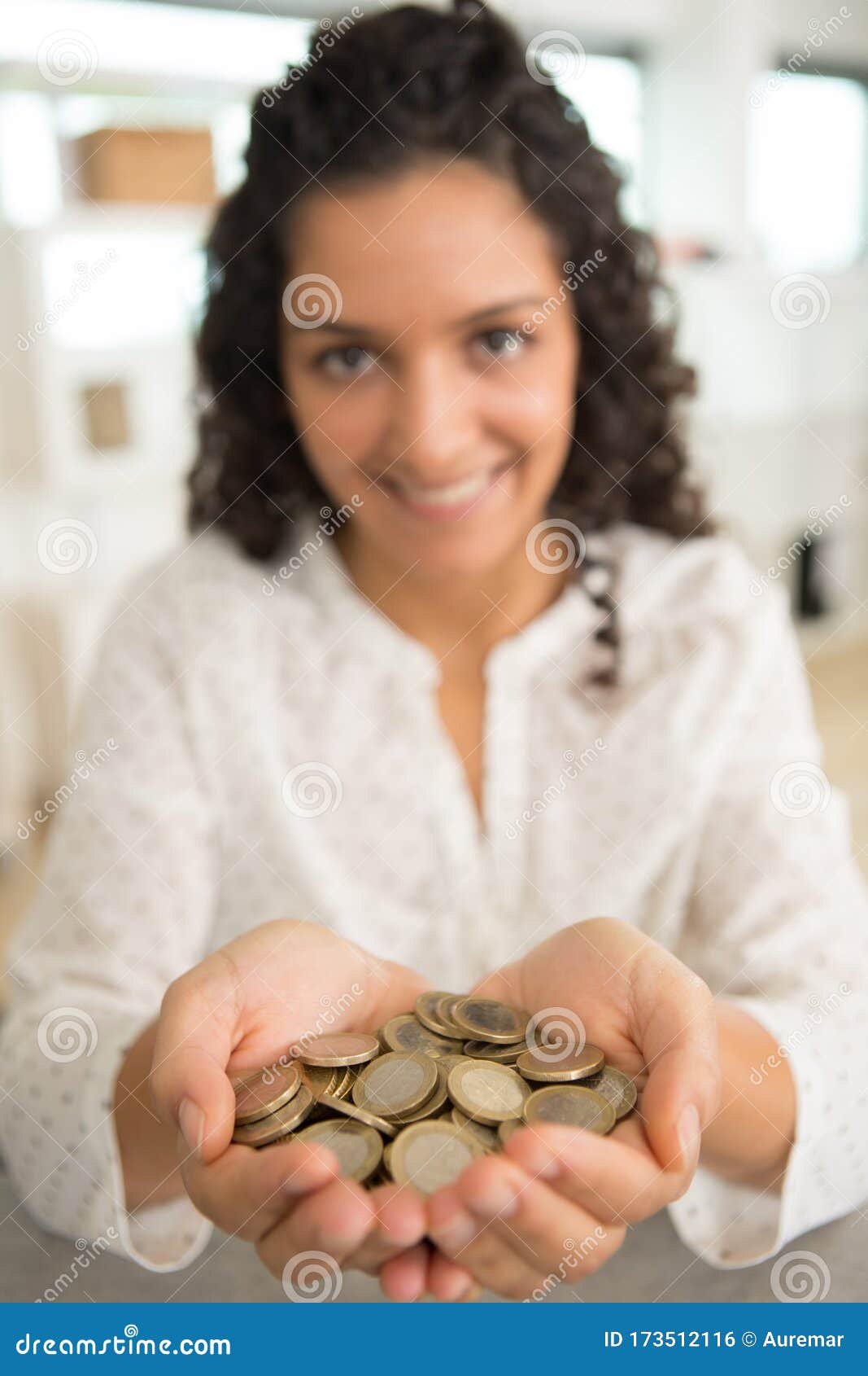 Young Woman Holding Heap Coins Stock Photo Image of happy, human