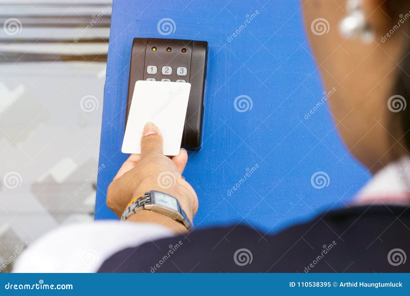 Young Woman Holding A Key Card To Lock And Unlock Door Stock