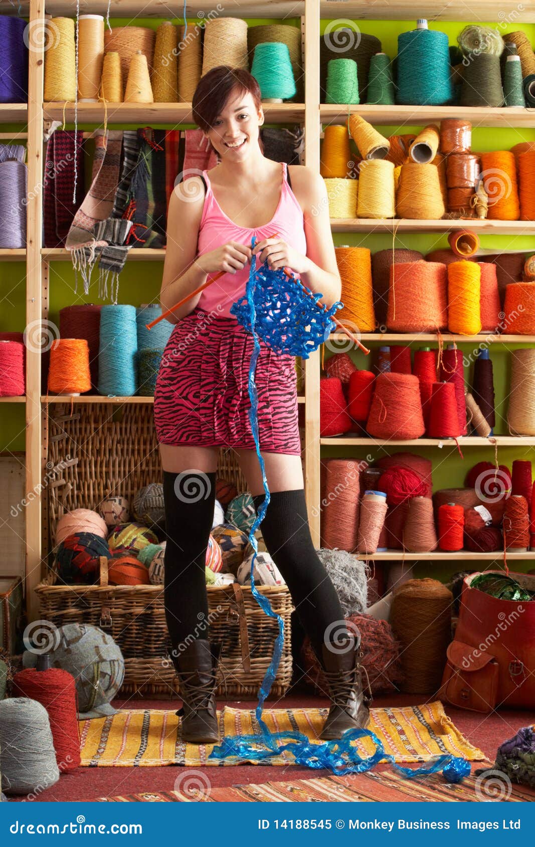 Young Woman Holding Knitting Standing Stock Image Image of home, knitting 14188545