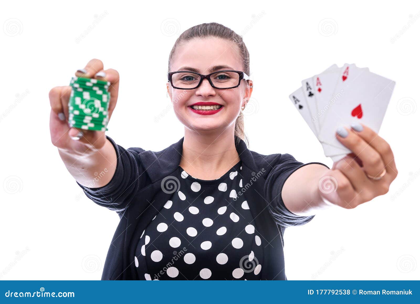 Young Woman Holding Playing Cards and Poker Chips Isolated on White ...