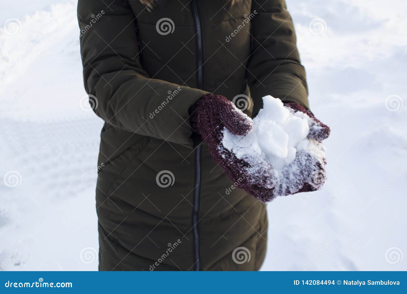 Young Woman Holding Snow in Her Hands in Mittens, Winter, Fun, Joy ...