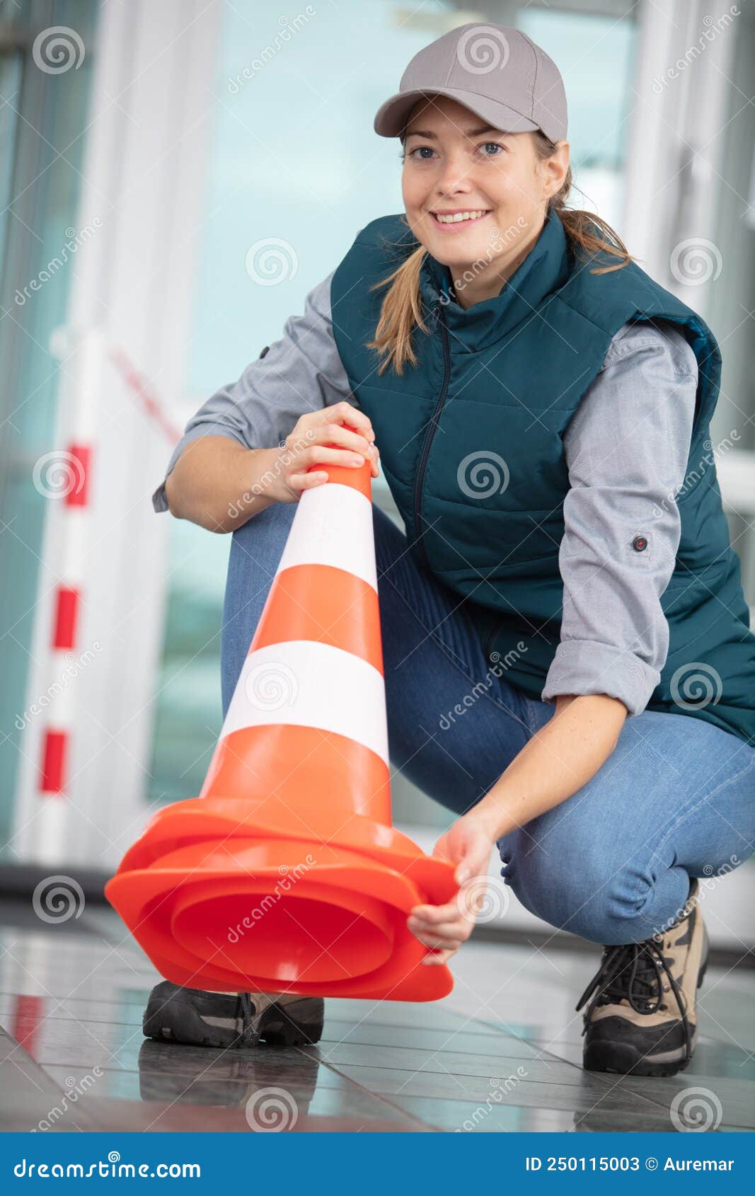 Chinese Girl Sits On Traffic Cone