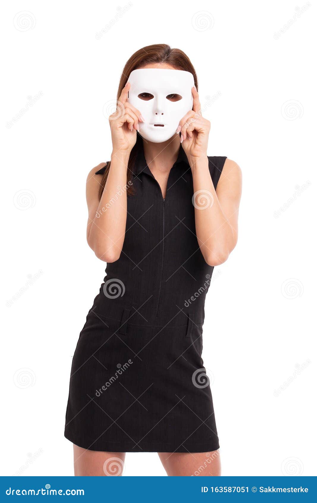 Young Woman Holding White Mask in Front of Face Isolated Stock Image