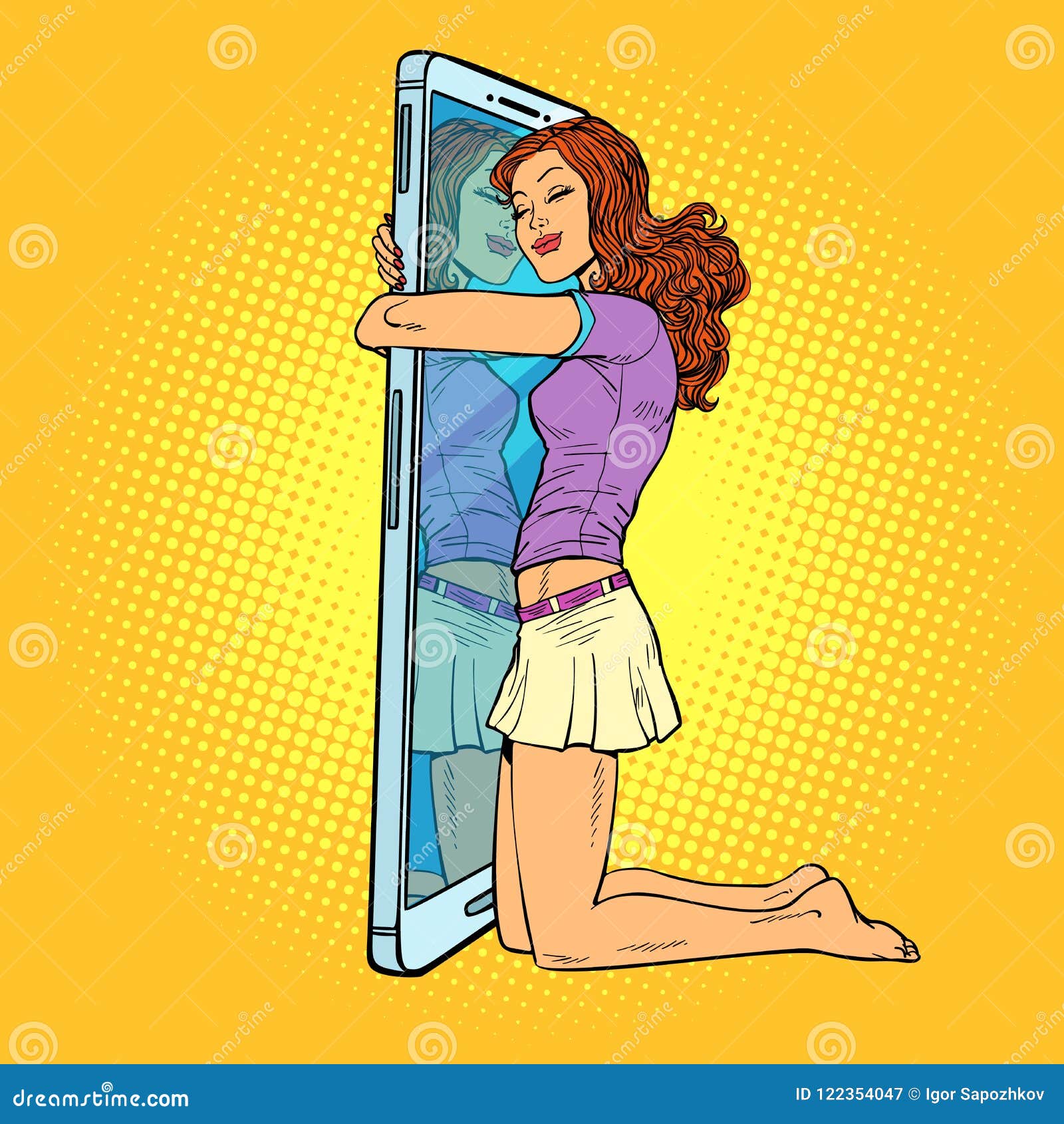 young woman hugs a smartphone. enjoys his gadget
