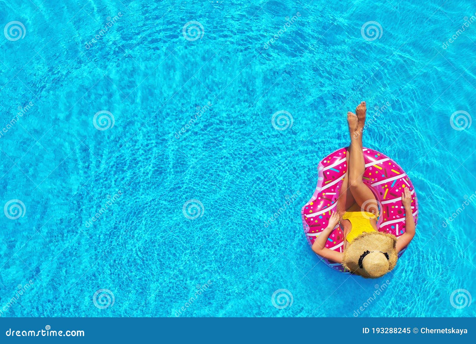 Woman with Inflatable Ring in Swimming Pool, Top View. Space for Text ...