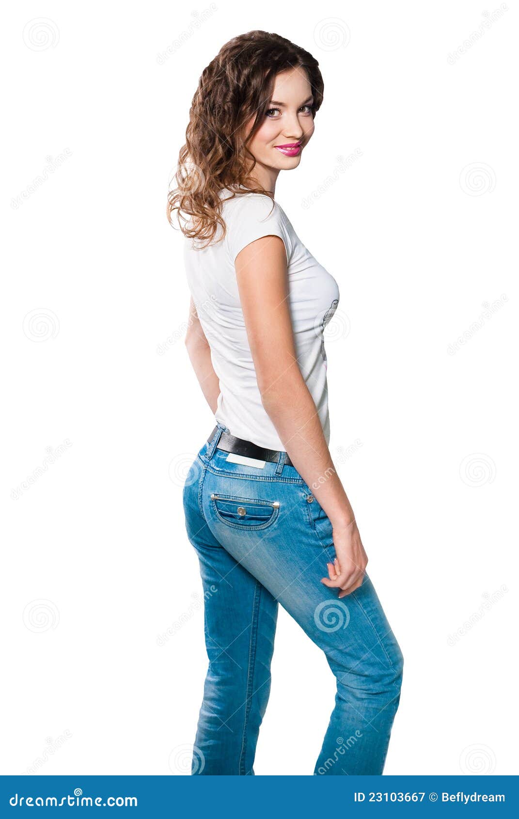 Young Woman in Jeans Isolated on White Stock Image - Image of leather ...